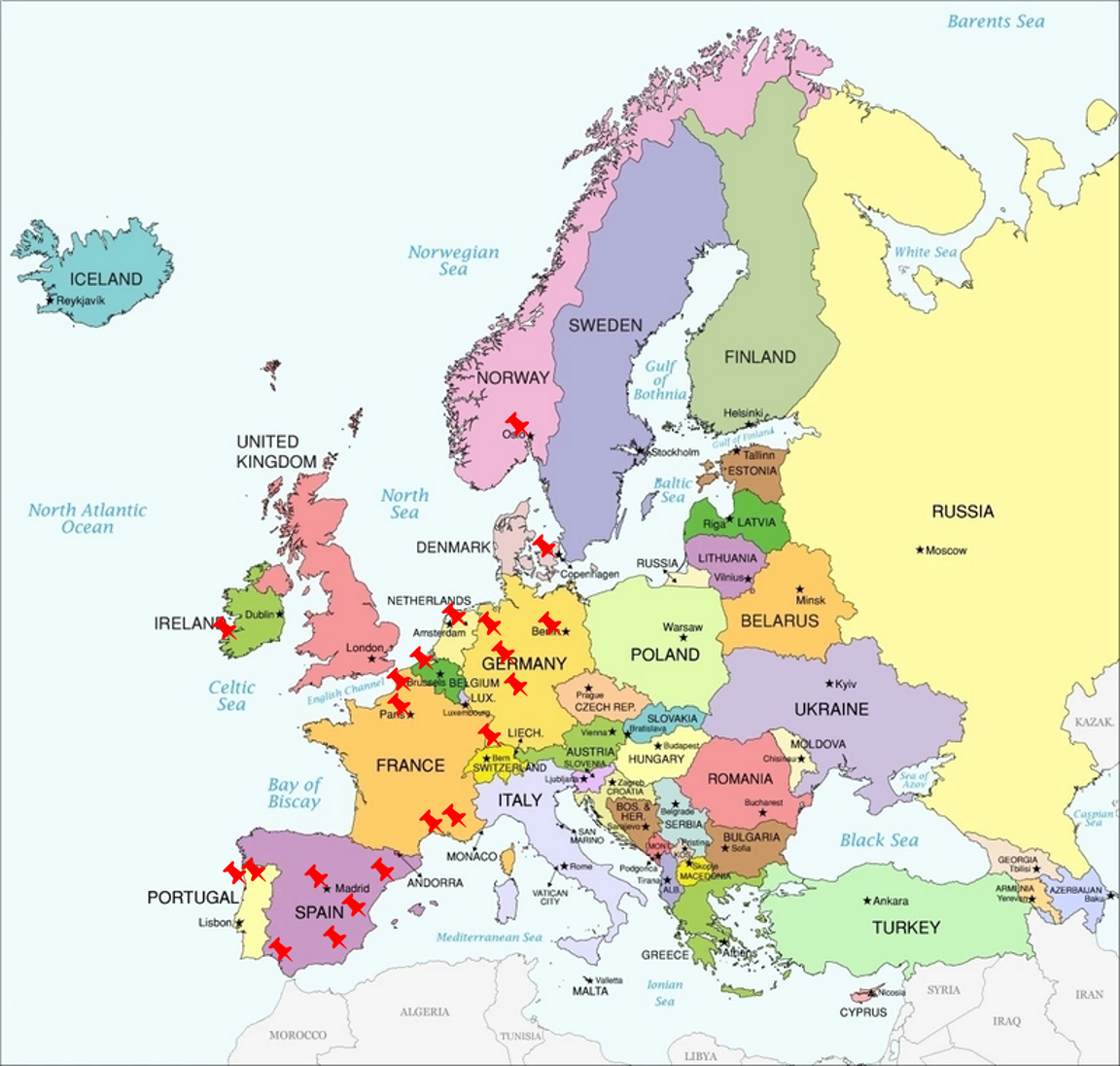 Europe map - Lists of the classes available to visiting students for Bachelor and Master degree courses in the area of Biological Sciences